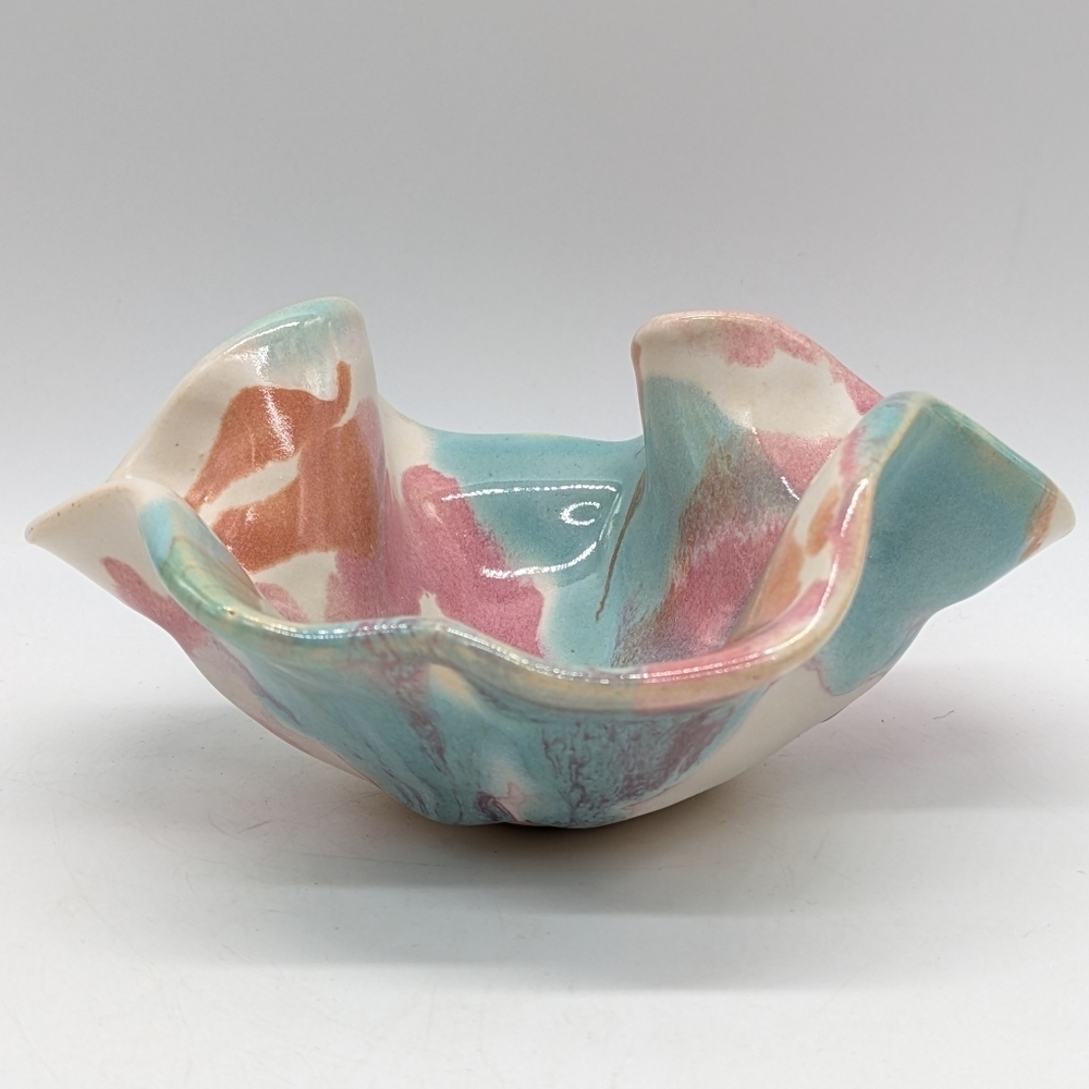 Handthrown Pink Blue Orange Ceramic Abstract Ruffle Edge Dish